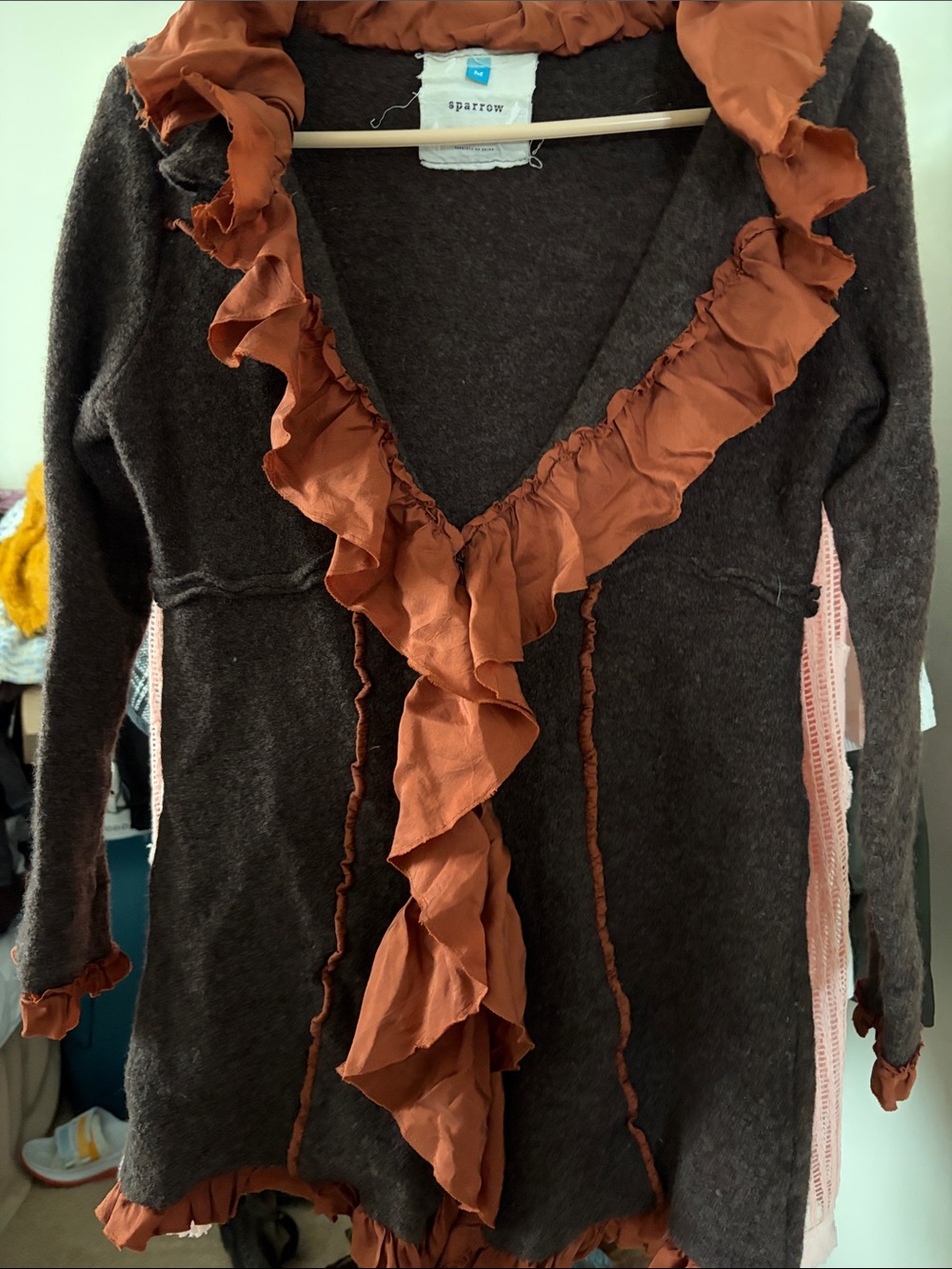 sparrow Brown V-Neck Sweater with Rust Ruffle Trim